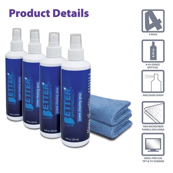 Better Office Products Screen Cleaner Spray Kit/4 Spray Bottles Each 8.45 Oz 2 Ex-Large Microfiber Cleaning Towels, 4PK - 31408