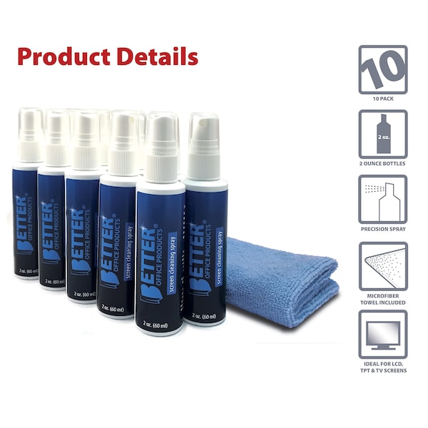 Better Office Products Screen Cleaner Spray/10 Mini Spray Bottles Each 2 Oz 1 Ex-Large Microfiber Cleaning Towel, 10PK - 31210