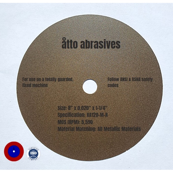 Ruedas de corte reforzadas con goma sin refuerzo de 8"x 0.020"x 1-1/4" - 3W200-050-PG de Atto Abrasives