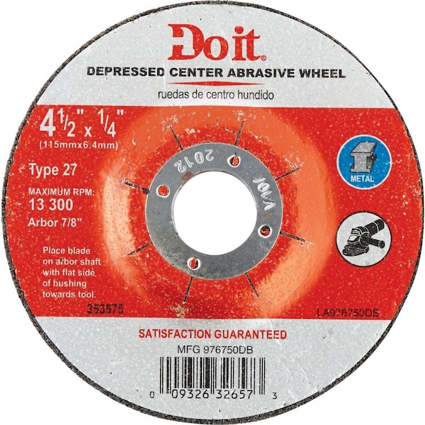 Disco de corte para metal tipo 27 de 4-1/2 pulgadas x 1/4 pulgadas x 7/8 pulgadas - 976750DB.