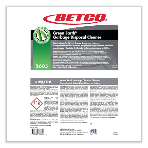 Betco Green Earth Garbage Disposal Cleaner, Fruity Scent, 2 oz Packet, PK30, 30PK - 2605P5700