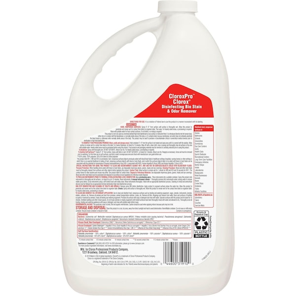 Clorox Disinfectant, Stain and Odor Remover, 128 oz. Bottle, Unscented, Translucent, 4 PK - 31910