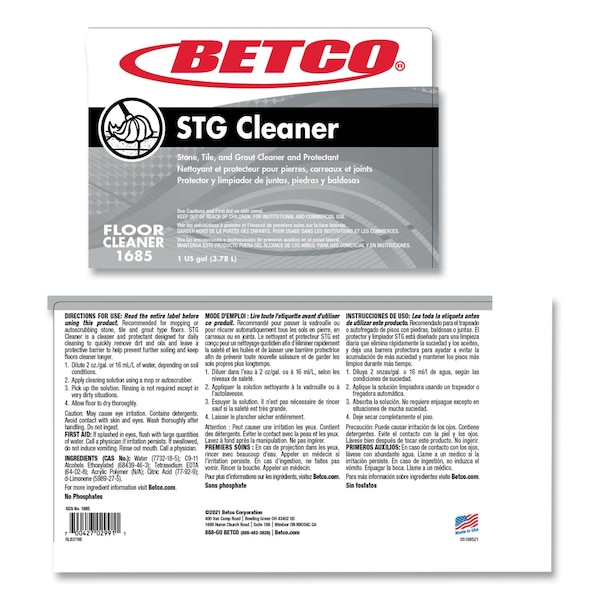 Betco Stone, Tile, Grout Cleaner and Protectant, Pleasant Scent, 1 gal Bottle, 4PK - 16850400