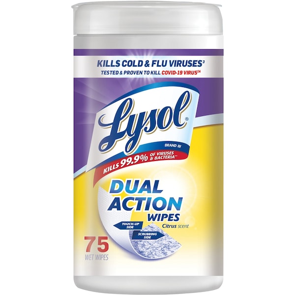 Lysol Dual Action Wipes, 7.25" W x 7" L Canister, Citrus, White/Purple, 75 PK - RAC81700CT