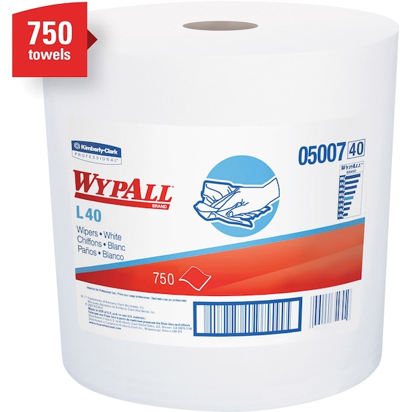 Kimberly-Clark Professional WypAll PowerClean L40 Extra Absorbent Towels (05007), Jumbo Roll, Limited Use Towels, White - 05007