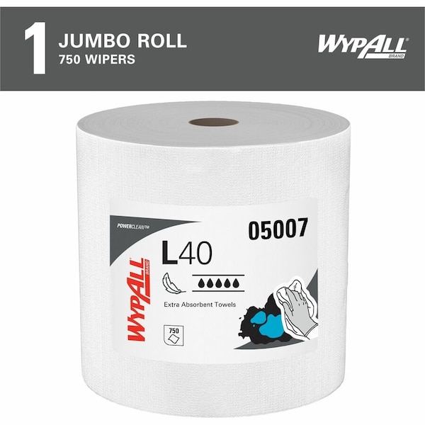 Kimberly-Clark Professional WypAll PowerClean L40 Extra Absorbent Towels (05007), Jumbo Roll, Limited Use Towels, White - 05007