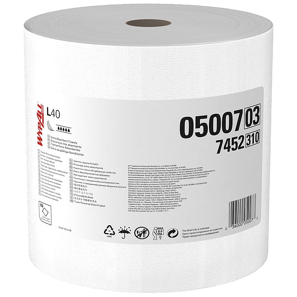 Kimberly-Clark Professional WypAll PowerClean L40 Extra Absorbent Towels (05007), Jumbo Roll, Limited Use Towels, White - 05007