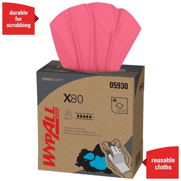 Kimberly-Clark Professional WypAll Power Clean X80 Heavy Duty Cloths (05930), Pop-Up Box, Red, 80 Sheets / Box, 5 Boxes / Case - 05930