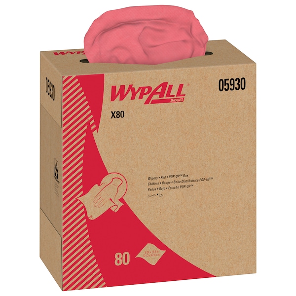 Kimberly-Clark Professional WypAll Power Clean X80 Heavy Duty Cloths (05930), Pop-Up Box, Red, 80 Sheets / Box, 5 Boxes / Case - 05930