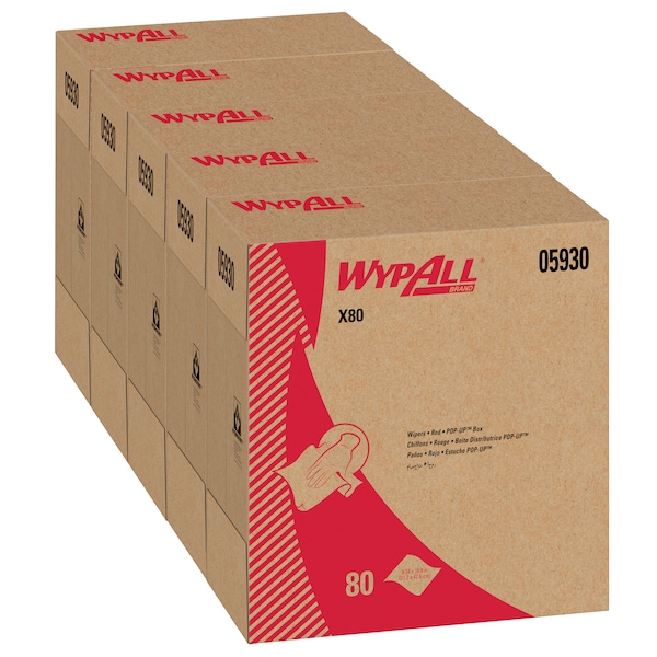 Kimberly-Clark Professional WypAll Power Clean X80 Heavy Duty Cloths (05930), Pop-Up Box, Red, 80 Sheets / Box, 5 Boxes / Case - 05930