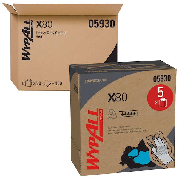 Kimberly-Clark Professional WypAll Power Clean X80 Heavy Duty Cloths (05930), Pop-Up Box, Red, 80 Sheets / Box, 5 Boxes / Case - 05930