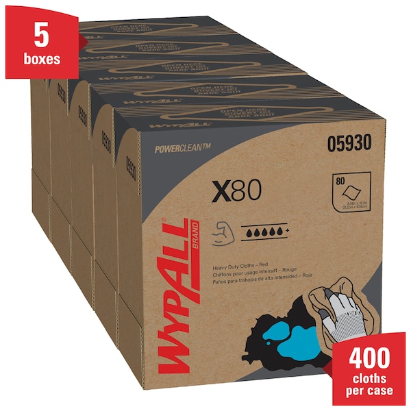 Kimberly-Clark Professional WypAll Power Clean X80 Heavy Duty Cloths (05930), Pop-Up Box, Red, 80 Sheets / Box, 5 Boxes / Case - 05930