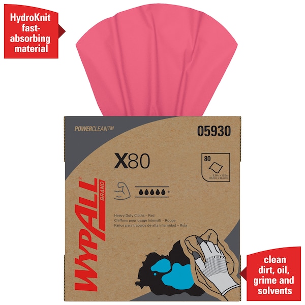 Kimberly-Clark Professional WypAll Power Clean X80 Heavy Duty Cloths (05930), Pop-Up Box, Red, 80 Sheets / Box, 5 Boxes / Case - 05930