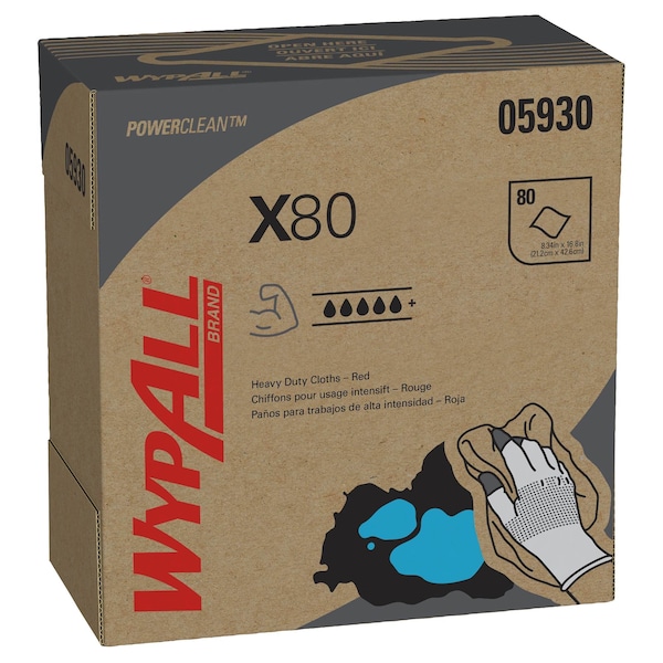 Kimberly-Clark Professional WypAll Power Clean X80 Heavy Duty Cloths (05930), Pop-Up Box, Red, 80 Sheets / Box, 5 Boxes / Case - 05930