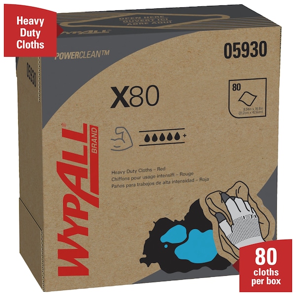 Kimberly-Clark Professional WypAll Power Clean X80 Heavy Duty Cloths (05930), Pop-Up Box, Red, 80 Sheets / Box, 5 Boxes / Case - 05930