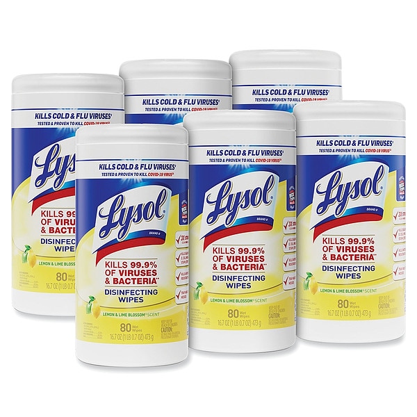 Lysol Disinfecting Wipes, 1-Ply, 7 x 7.25, Lemon and Lime Blossom, White, 80 Wipes/Canister, PK6 - 19200-77182
