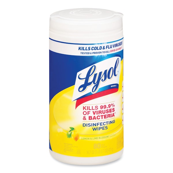 Lysol Disinfecting Wipes, 1-Ply, 7 x 7.25, Lemon and Lime Blossom, White, 80 Wipes/Canister, PK6 - 19200-77182