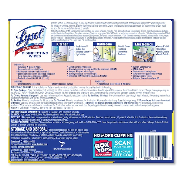 Lysol Disinfecting Wipes, 1-Ply, 7 x 7.25, Lemon and Lime Blossom, White, 80 Wipes/Canister, PK6 - 19200-77182