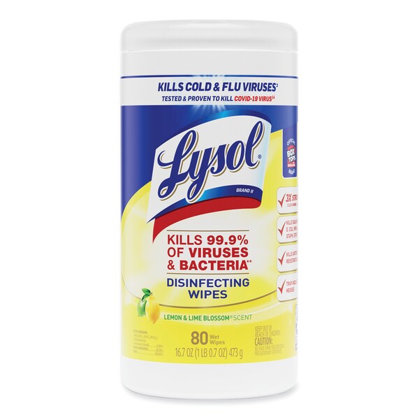 Lysol Disinfecting Wipes, 1-Ply, 7 x 7.25, Lemon and Lime Blossom, White, 80 Wipes/Canister, PK6 - 19200-77182