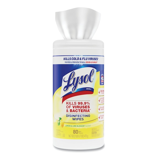 Lysol Disinfecting Wipes, 1-Ply, 7 x 7.25, Lemon and Lime Blossom, White, 80 Wipes/Canister, PK6 - 19200-77182