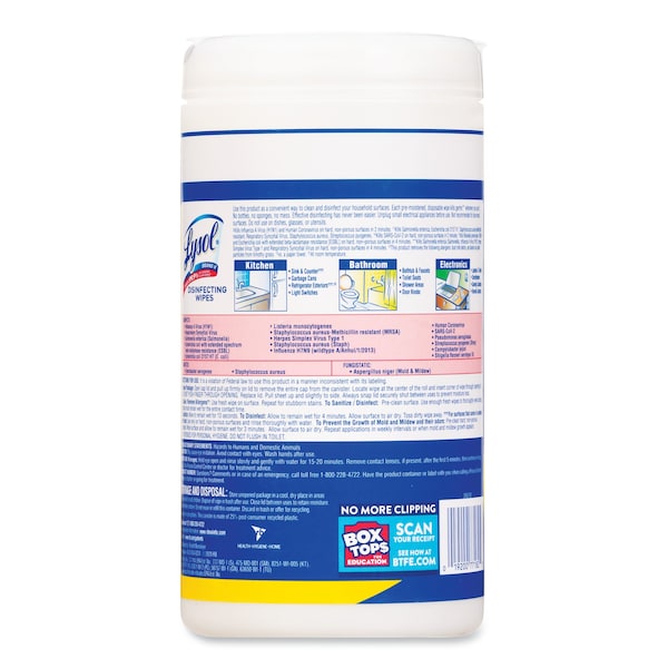 Lysol Disinfecting Wipes, 1-Ply, 7 x 7.25, Lemon and Lime Blossom, White, 80 Wipes/Canister, PK6 - 19200-77182