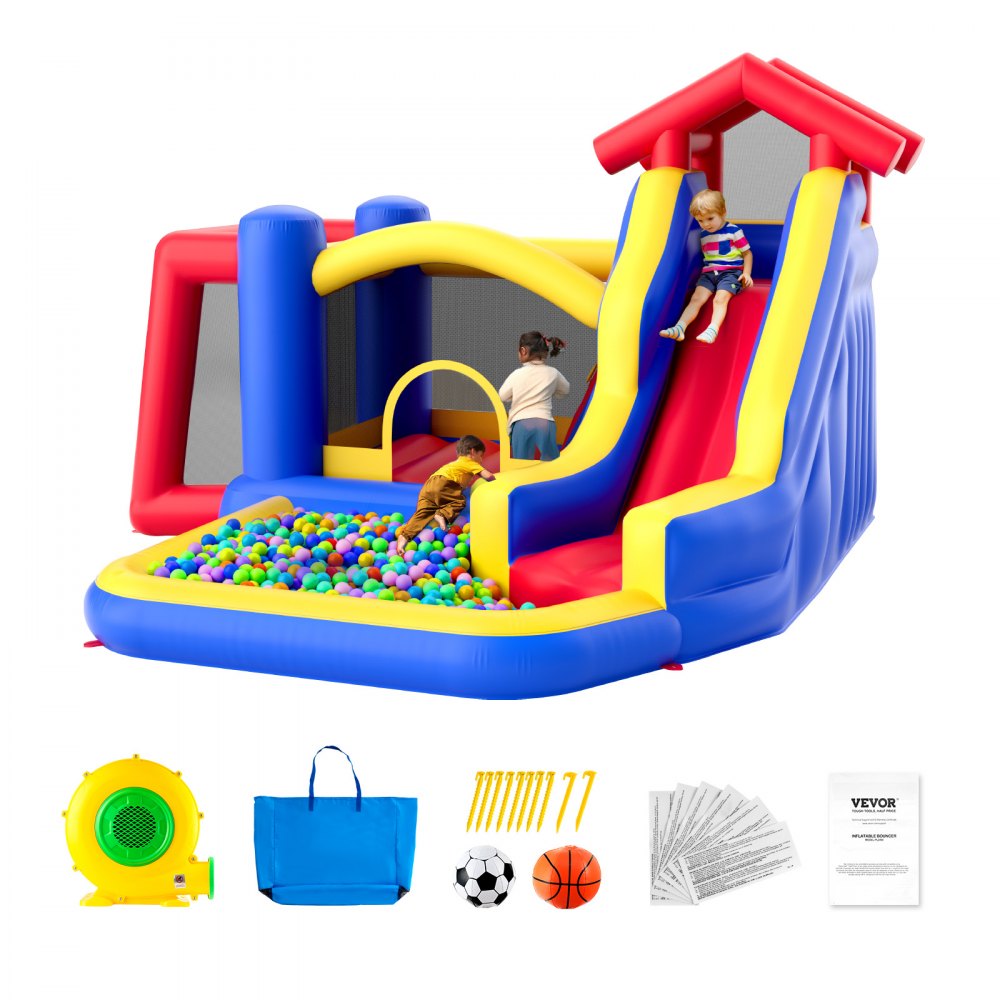 VEVOR Inflatable Bounce House, Outdoor High Quality Playhouse Trampoline, Jumping Bouncer with Blower, Slide, and Storage Bag, Family Backyard Bouncy Castle, for Kid Ages 3–8 Years, 131x133x91 inch - CQCBBHYC910PNGK5GV1