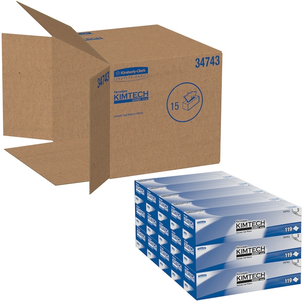 Kimberly-Clark Professional Kimwipes Delicate Task Wipers (34743), White, 3-Ply, 15 Pop-Up Boxes, 100 Sheets / Box - 34743