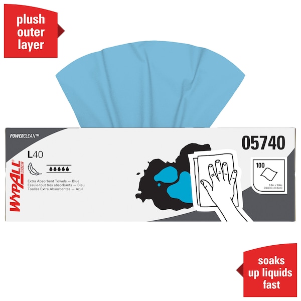 Kimberly-Clark Professional WypAll PowerClean L40 Extra Absorbent Towels (05740), Pop-Up Box, Limited Use Towels, Blue - 05740