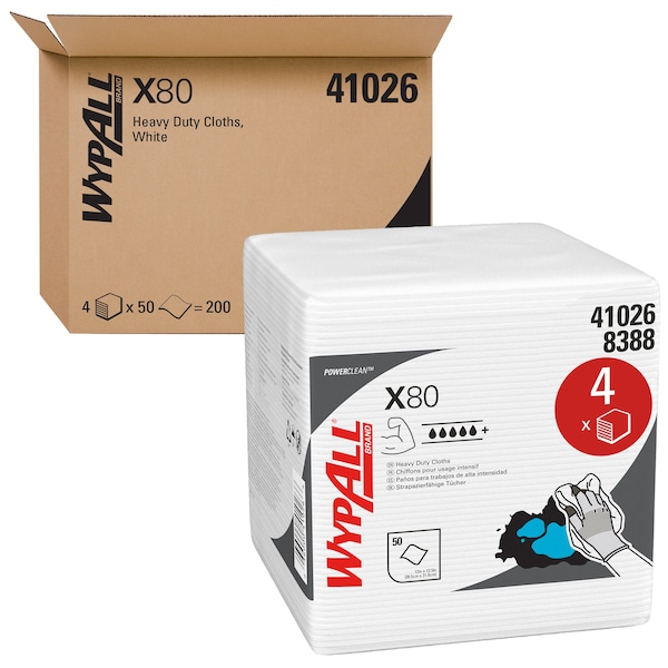 Kimberly-Clark Professional WypAll PowerClean X80 Heavy Duty Cloths (41026), Quarterfold, Extended Use Towels, White - 41026