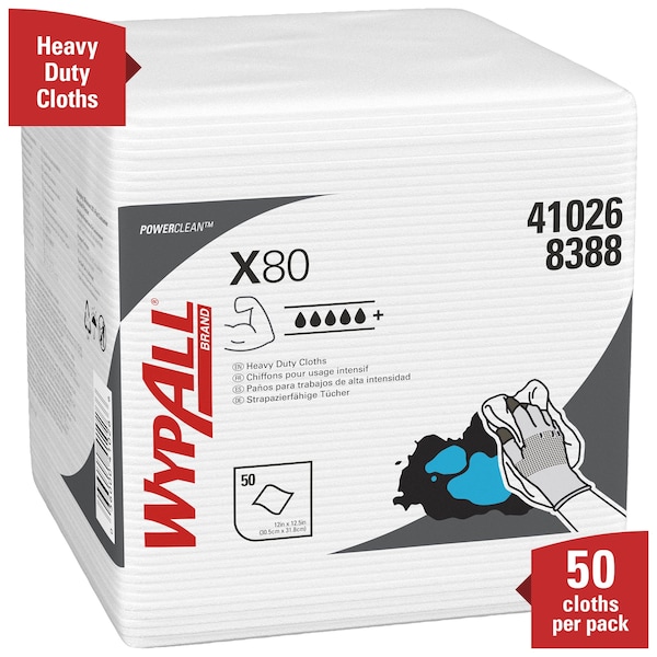 Kimberly-Clark Professional WypAll PowerClean X80 Heavy Duty Cloths (41026), Quarterfold, Extended Use Towels, White - 41026