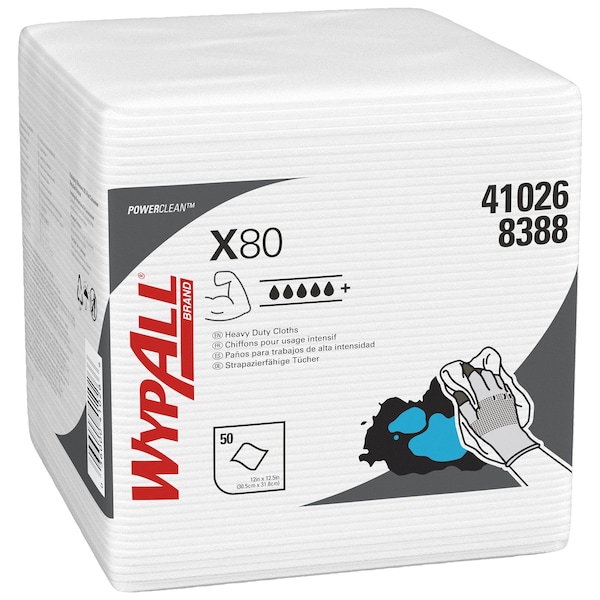 Kimberly-Clark Professional WypAll PowerClean X80 Heavy Duty Cloths (41026), Quarterfold, Extended Use Towels, White - 41026