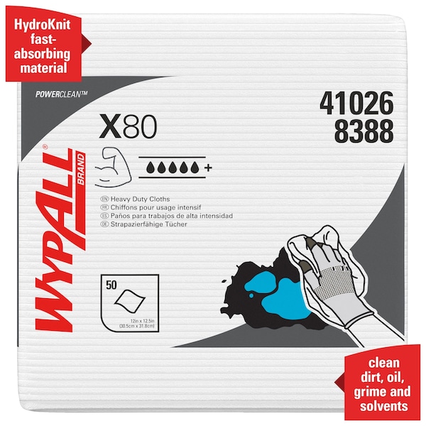 Kimberly-Clark Professional WypAll PowerClean X80 Heavy Duty Cloths (41026), Quarterfold, Extended Use Towels, White - 41026