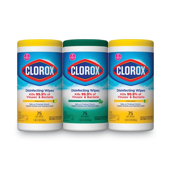 Clorox Disinfecting Wipes, 7 x 8, Fresh Scent/Citrus Blend, 75/Canister, PK3 - 30208PK