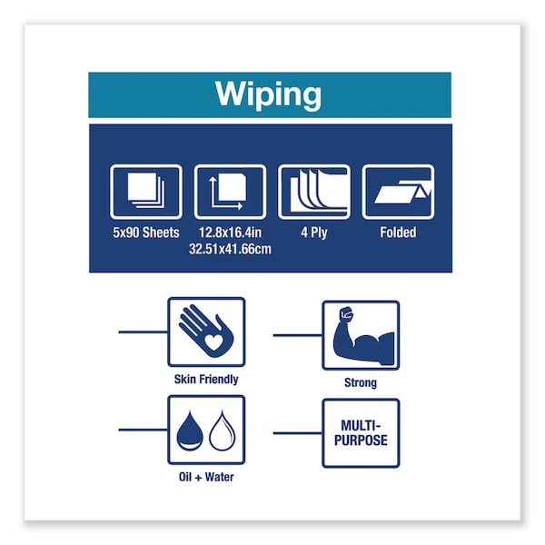 Tork Industrial Paper Wiper, 4-Ply, 12.8 x 16.4, Unscented, Blue, 90 Wipes, 5PK - 440278