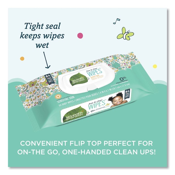 Seventh Generation Free and Clear Baby Wipes, 7 x 7, Unscented, White, PK64 - 34208