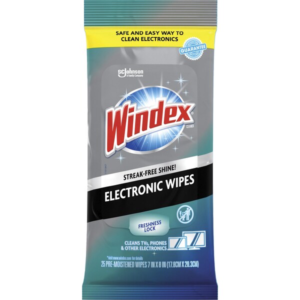 Windex Electronic Wipes, Pre-Moistened, 7"x8", 25/PK, WE, PK 12 - SJN319248CT