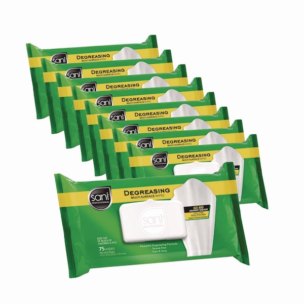 Sani Professional Degreasing Multi-Surface Wipes, 11.5 x 10, 75 Wipes, 9PK - A12345