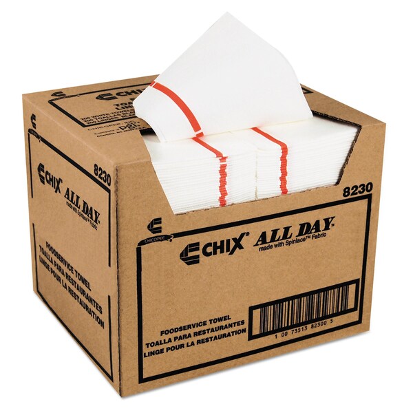 Chix Foodservice Towels, 1-Ply, 12.25 x 21, White/Red Stripe, PK200 - 8230
