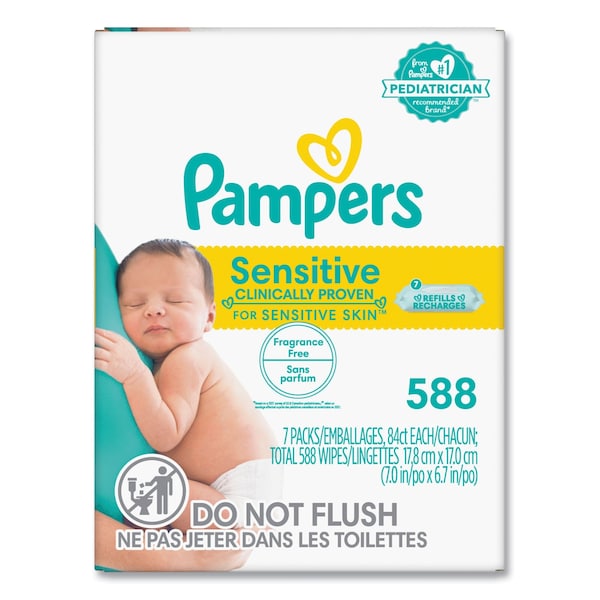 Pampers Sensitive Baby Wipes, 1-Ply, 6.7 x 7, Unscented, White, 84/Pack, 7PK - 80715533