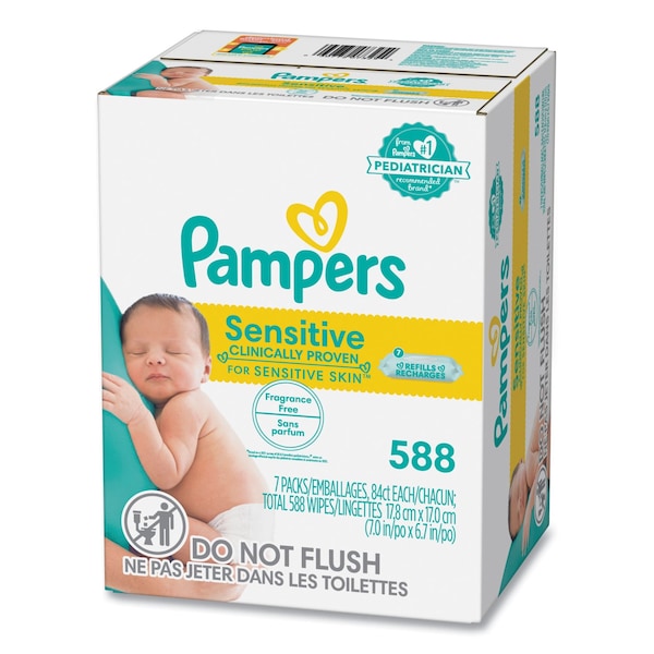 Pampers Sensitive Baby Wipes, 1-Ply, 6.7 x 7, Unscented, White, 84/Pack, 7PK - 80715533