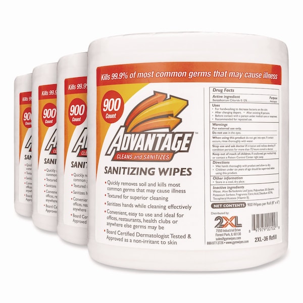 2Xl Gym Wipes Advantage, 6 x 8, White, Unscented, 900/RL, PK4 - TXL L36