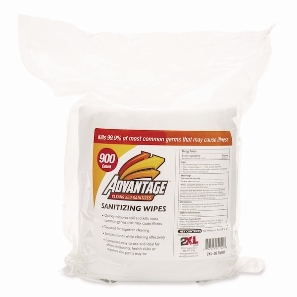 2Xl Gym Wipes Advantage, 6 x 8, White, Unscented, 900/RL, PK4 - TXL L36