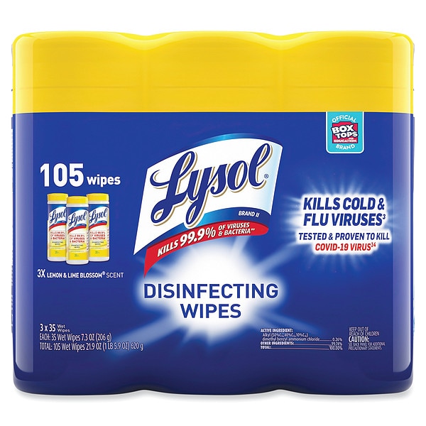 Lysol Disinfecting Wipes, 1-Ply, 7 x 7.25, Lemon and Lime Blossom, White, 35 Wipes/Canister, PK12 - REC 81145