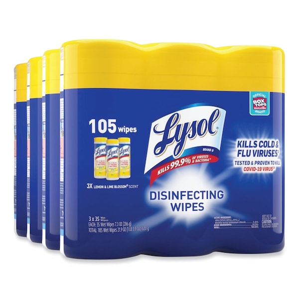 Lysol Disinfecting Wipes, 1-Ply, 7 x 7.25, Lemon and Lime Blossom, White, 35 Wipes/Canister, PK12 - REC 81145