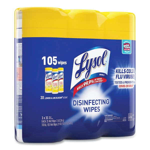 Lysol Disinfecting Wipes, 1-Ply, 7 x 7.25, Lemon and Lime Blossom, White, 35 Wipes/Canister, PK12 - REC 81145