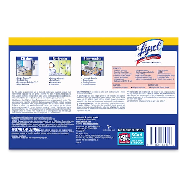 Lysol Disinfecting Wipes, 1-Ply, 7 x 7.25, Lemon and Lime Blossom, White, 35 Wipes/Canister, PK12 - REC 81145