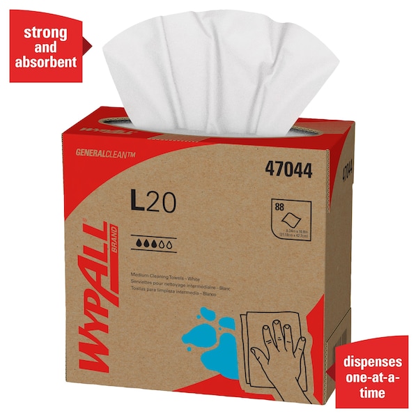 Kimberly-Clark Professional General Clean L20 Medium Cleaning Cloths, Pop-Up, White, 4-Ply, 10 Boxes/Case, 88 Sheets/Box - 47044