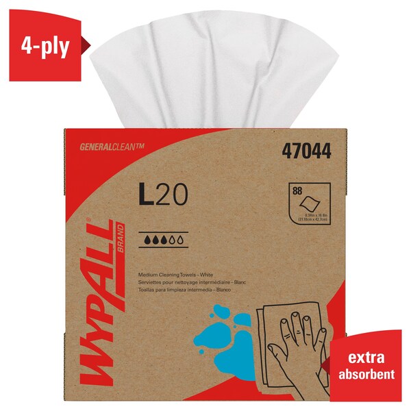 Kimberly-Clark Professional General Clean L20 Medium Cleaning Cloths, Pop-Up, White, 4-Ply, 10 Boxes/Case, 88 Sheets/Box - 47044