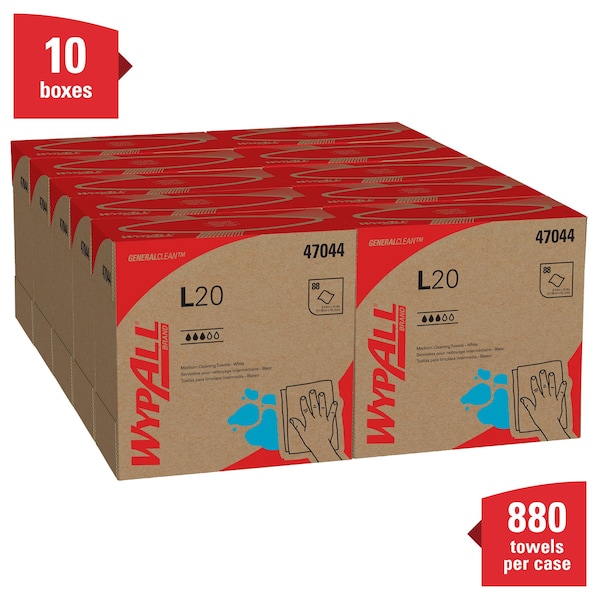 Kimberly-Clark Professional General Clean L20 Medium Cleaning Cloths, Pop-Up, White, 4-Ply, 10 Boxes/Case, 88 Sheets/Box - 47044
