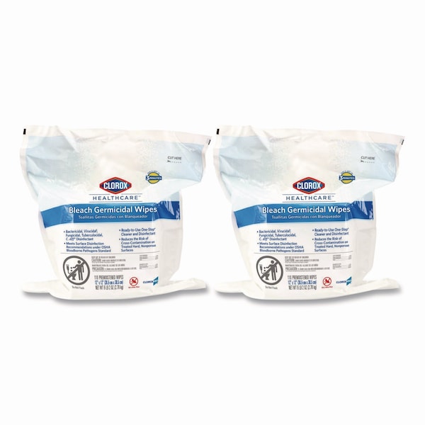 Clorox Bleach Germicidal Wipes, 12 x 12, Unscented, 110/Refill, PK2 - CLO 30359